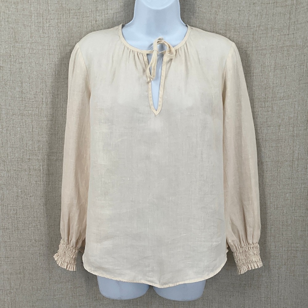 Cloth & Stone Blouse Womens XS Cream 100% Linen Peasant Tie Neck Boho Coastal